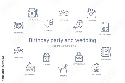birthday party and wedding concept 14 outline icons