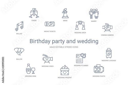 birthday party and wedding concept 14 outline icons
