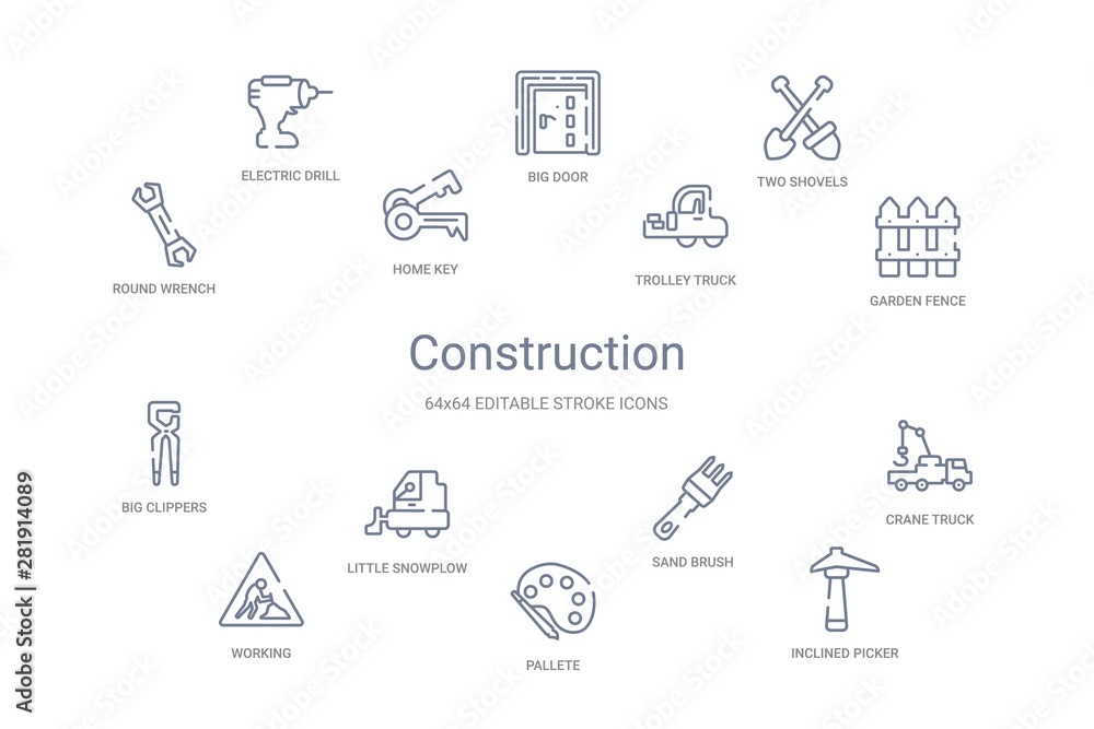 construction concept 14 outline icons construction concept 14 outline icons