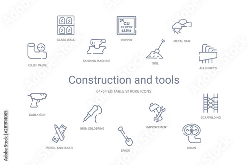 construction and tools concept 14 outline icons