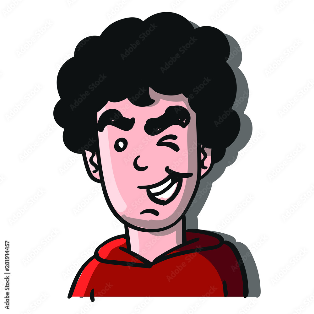 Vector drawing of a cartoon character with black curly hair, who winks and  laughs. red pullover. Stock Vector | Adobe Stock