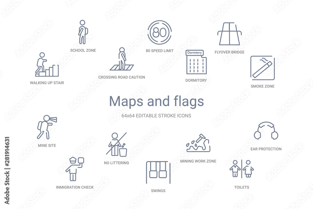 maps and flags concept 14 outline icons