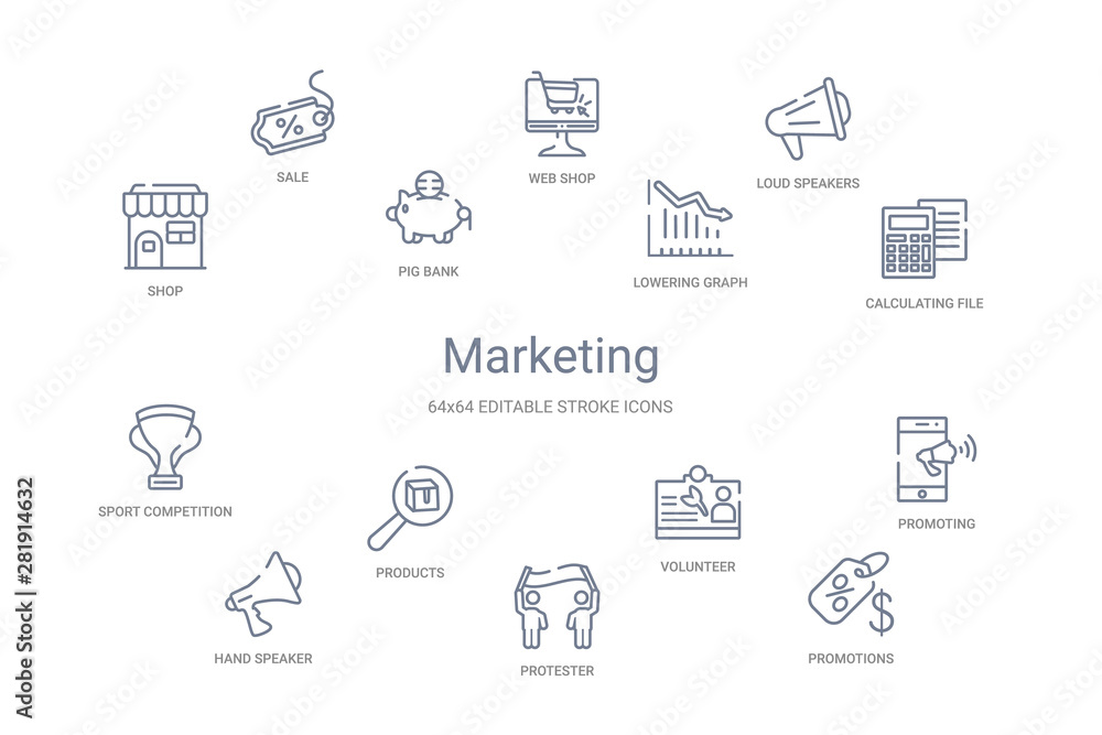 marketing concept 14 outline icons marketing concept 14 outline icons