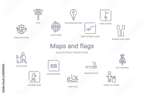 maps and flags concept 14 outline icons
