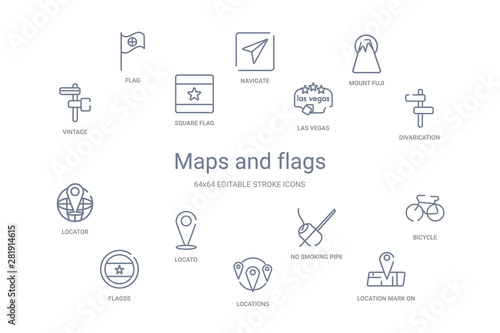 maps and flags concept 14 outline icons
