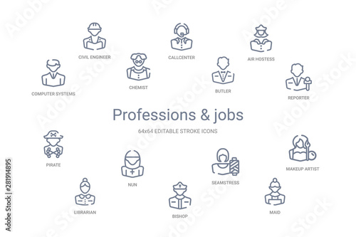 professions & jobs concept 14 outline icons