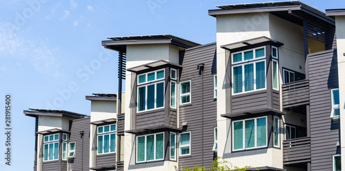 Exterior view of multifamily residential building; Menlo Park, San Francisco bay area, California