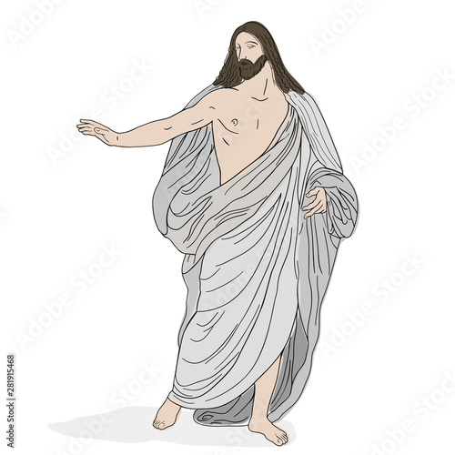 Jesus Christ in a shroud stands holding up his hand. Vector image isolated on white background.