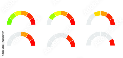 Set of simple tachometers with indicators in red, yellow and green part, speedometer icon,