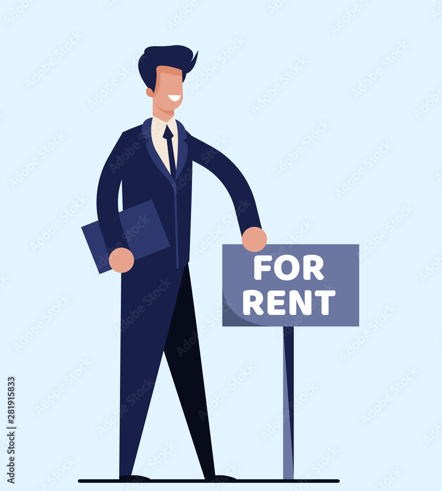 Isolated Realtor Standing near Signboard for Rent