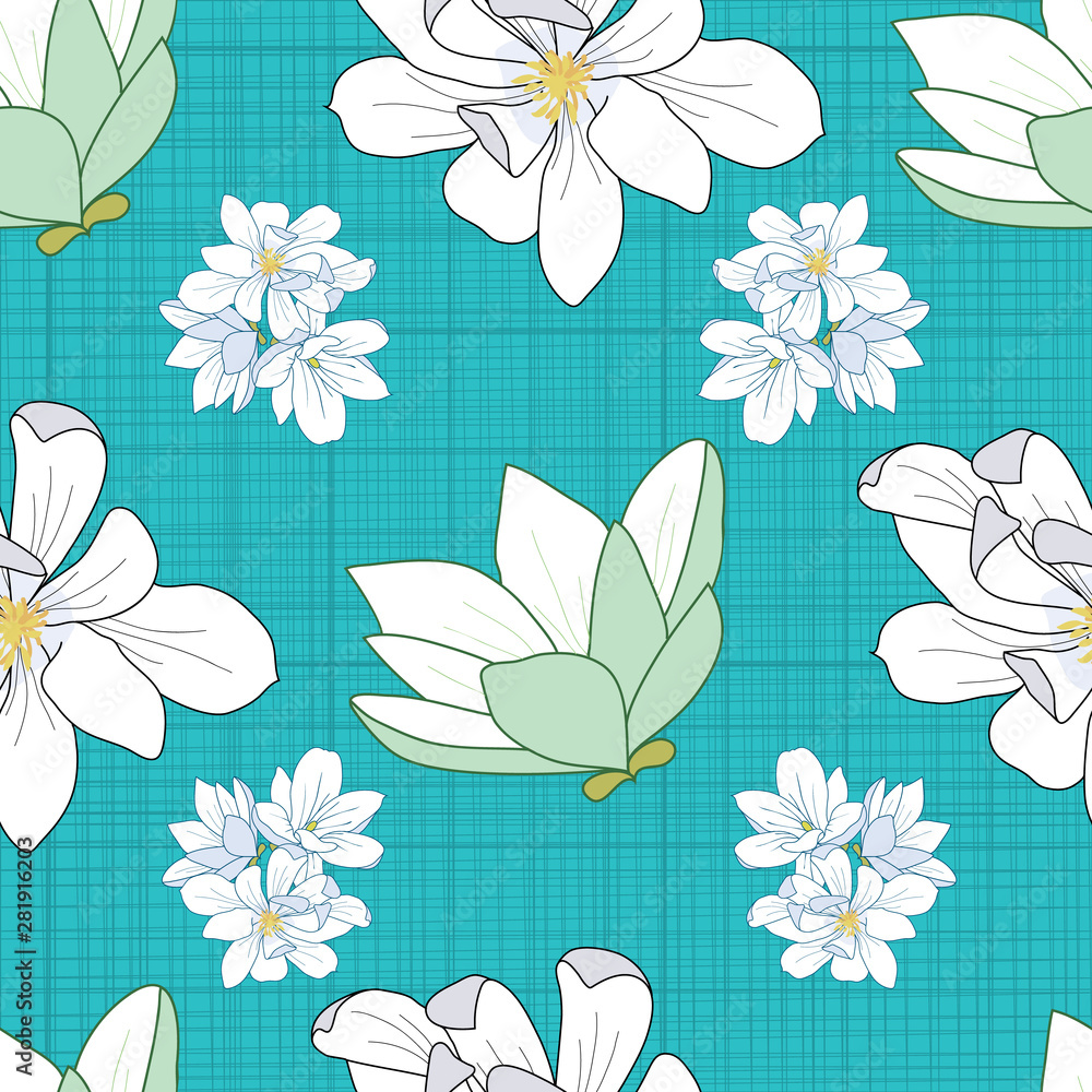 Seamless magnolia flowers pattern on blue stripes