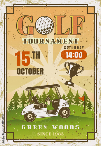 Golf vintage colored poster with car on  field