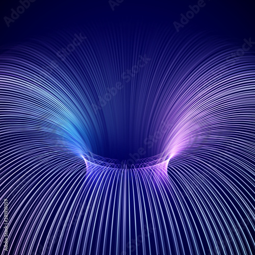 3D abstract background: model of blue thermonuclear fusion. High energy elementary particles flow through a tokamak. Magnetic field, nuclear fusion, future science concept. EPS 10, vector illustration