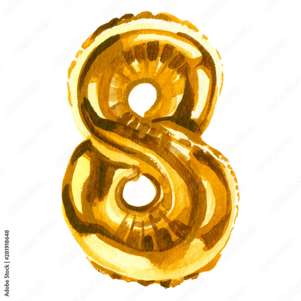 Watercolor illustration of gold balloon in shape of number eight for birthday or celebration Watercolor illustration of gold balloon in shape of number eight for birthday or celebration