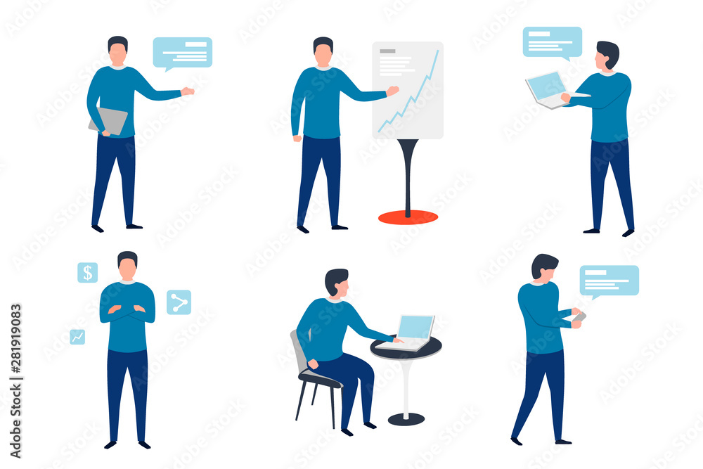 Vector set of business man in different work situations - chat, presentations, brake, confidence.