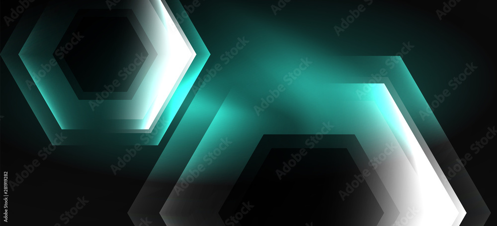 Neon color hexagon shapes, lines on black background. Modern template for web backdrop design. Abstract geometric frame Neon color hexagon shapes, lines on black background. Modern template for web backdrop design. Abstract geometric frame