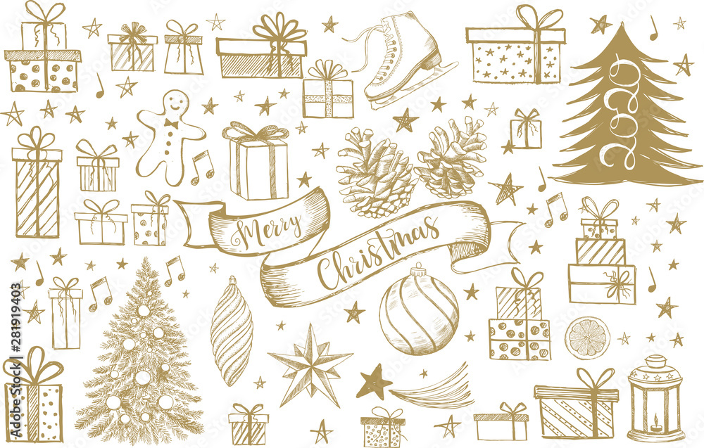Merry Christmas and New Year set. Hand drawn illustration. Christmas Doodle collection. - obrazy, fototapety, plakaty 