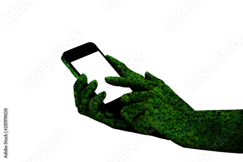 Green hand using smart isolated on white background. This had clipping path. environment concept.