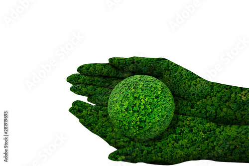 Green hand and green ball isolated on white background. This had clipping path. environment concept.