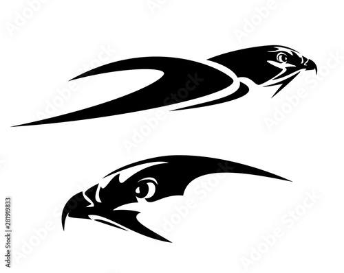 hawk profile head and flying forward bird black and white side view vector outline design