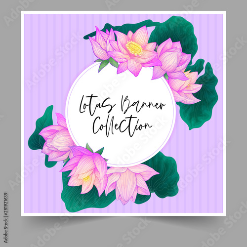 Vector round banner purple hand draw lotus flower with green leaves with watercolor imitation on purple background with stripes. Wedding invintation with delicate flower and buttons and leaf.
