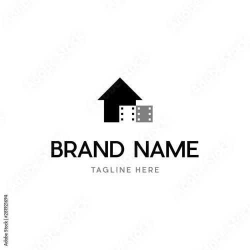 Black Home Movie Logo Template, Flat real estate film logo design vector template illustration