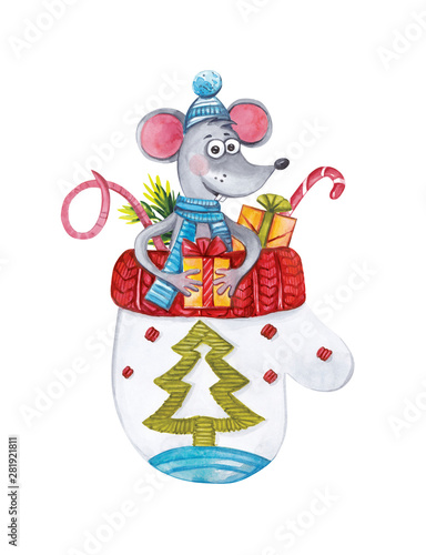 Christmas card with the symbol of 2020. A cheerful rat in a hat sits in a mittens with gifts and sweets. Watercolor illustration.