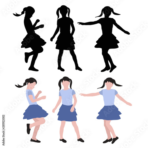 vector, isolated, silhouette and flat style girl, set