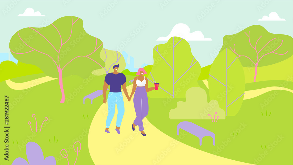 Couple in Love Walking in Park Garden Cartoon Couple in Love Walking in Park Garden Cartoon