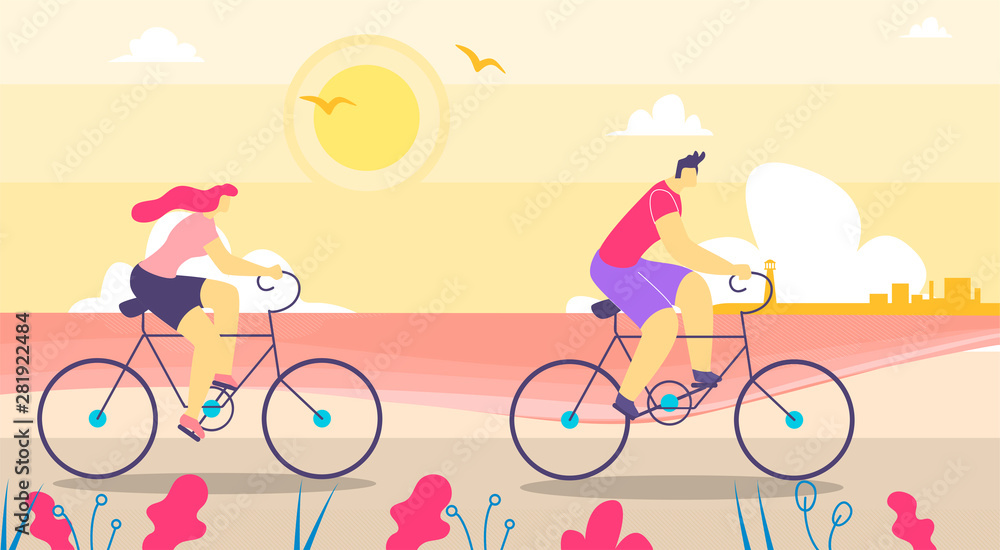 Man and Woman Walking on Bicycles Flat Cartoon Man and Woman Walking on Bicycles Flat Cartoon