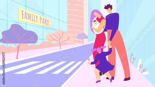 Happy Married Couple with Kids Walk on City Street