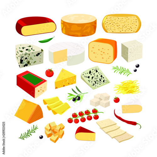 Various types of cheese with tomatoes, chili and herbs  on rustic wooden board. Vector set of realistic  dairy products. Isolated  collection cheese pieces and Slices used for restaurant menu.