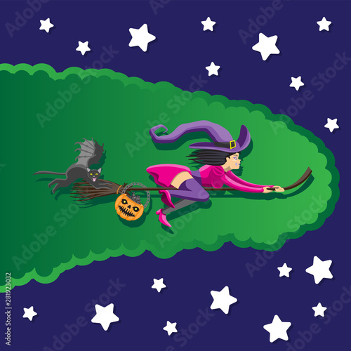 Witch flying on a broomstick in a hat with a cat and a basket of chocolates. Illustration of the background of the cover of the invitation. Vector image.