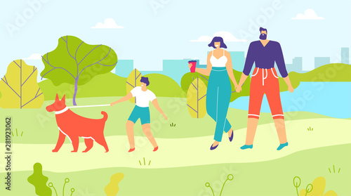 Parents and Son Walking Dog in City Park Cartoon