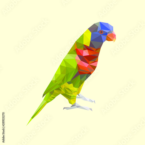 Green-Naped Lorikeet bird low polygon isolated on yellow background, colorful green parrot modern geometric icon, parakeet pet crystal design illustration.