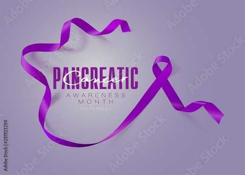 Pancreatic Cancer Awareness Calligraphy Poster Design. Realistic Purple Ribbon. November is Cancer Awareness Month. Vector Illustration