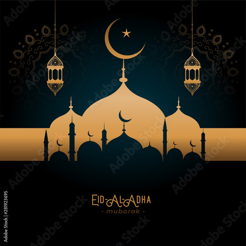 beautifulgolden mosque and lamps eid-al-adha greeting