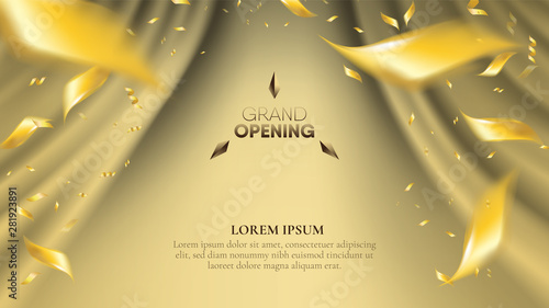 Abstract realistic golden wave curtain background with gradient gold scattering confetti.