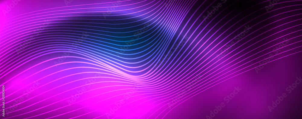 Smooth wave lines on blue neon color light background. Glowing abstract wave on dark, shiny motion, magic space light