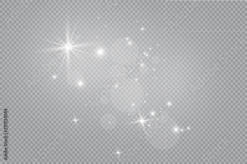 Dust white. White sparks and golden stars shine with special light. Vector sparkles on a transparent background. Christmas abstract pattern. Sparkling magical dust particles.