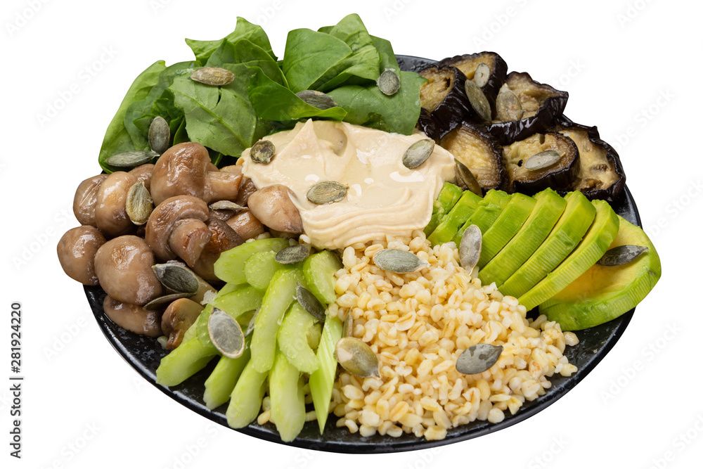 bowl with healthy food, porridge and vegetables, hummus and mushrooms, avocado and eggplant, vegetarian bowl with healthy food, porridge and vegetables, hummus and mushrooms, avocado and eggplant, vegetarian
