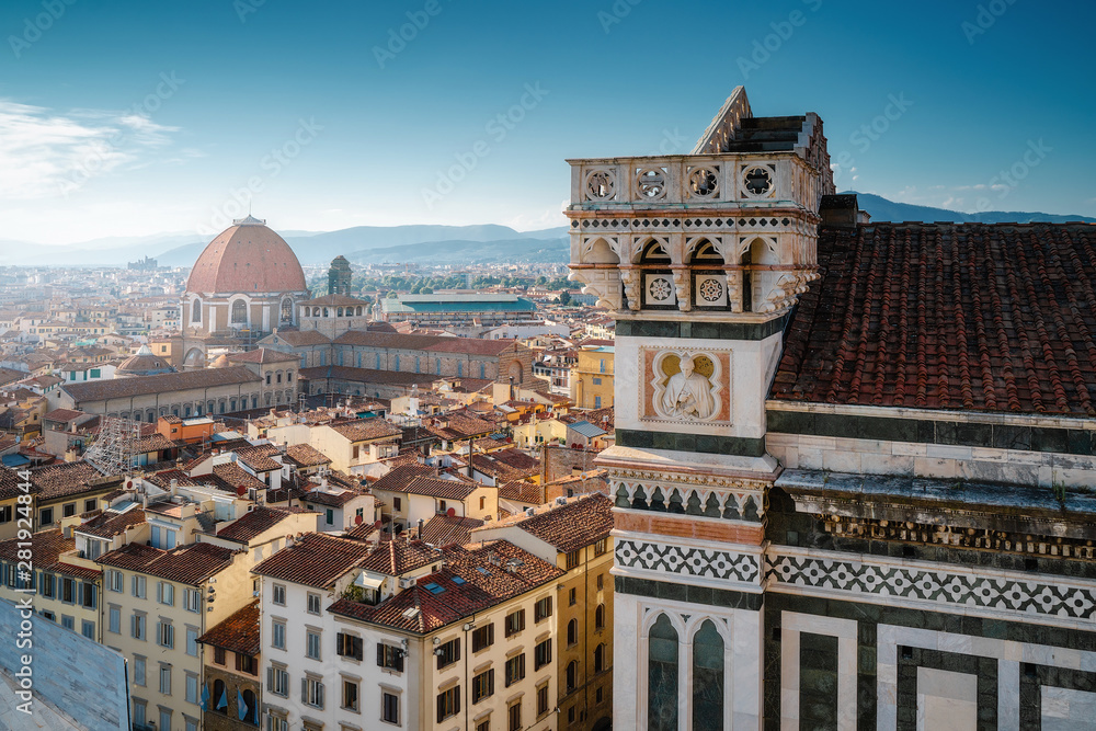 Florence city skyline, Italy. Aerial cityscape view from Santa Maria del Fiore cathedral (Basilica of Saint Mary of the Flower) in the day