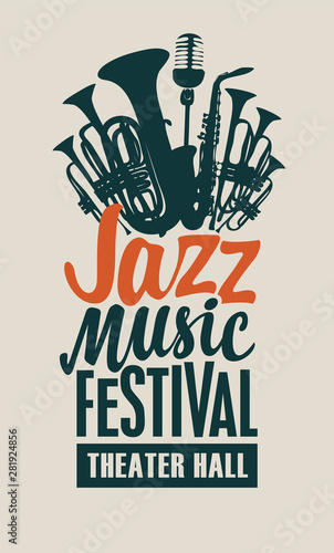 Vector poster or banner for a jazz music festival in retro style on light background with wind instruments, saxophone, microphone and inscriptions