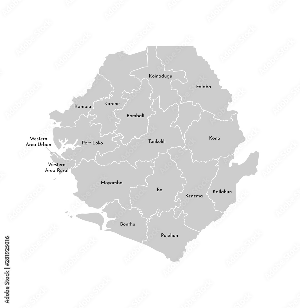 Vector isolated illustration of simplified administrative map of Sierra Leone. Borders and names of the districts (regions). Grey silhouettes. White outline