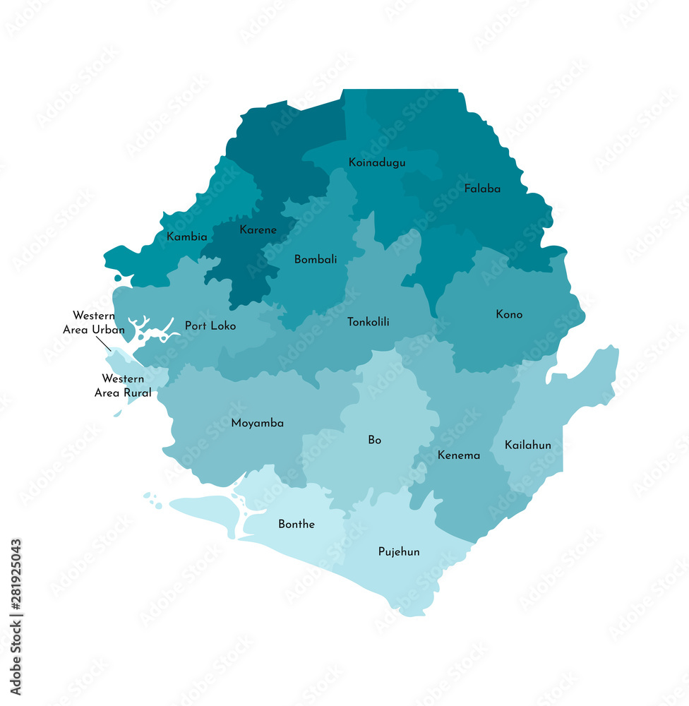 Obraz premium Vector isolated illustration of simplified administrative map of Sierra Leone. Borders and names of the districts (regions). Colorful blue khaki silhouettes