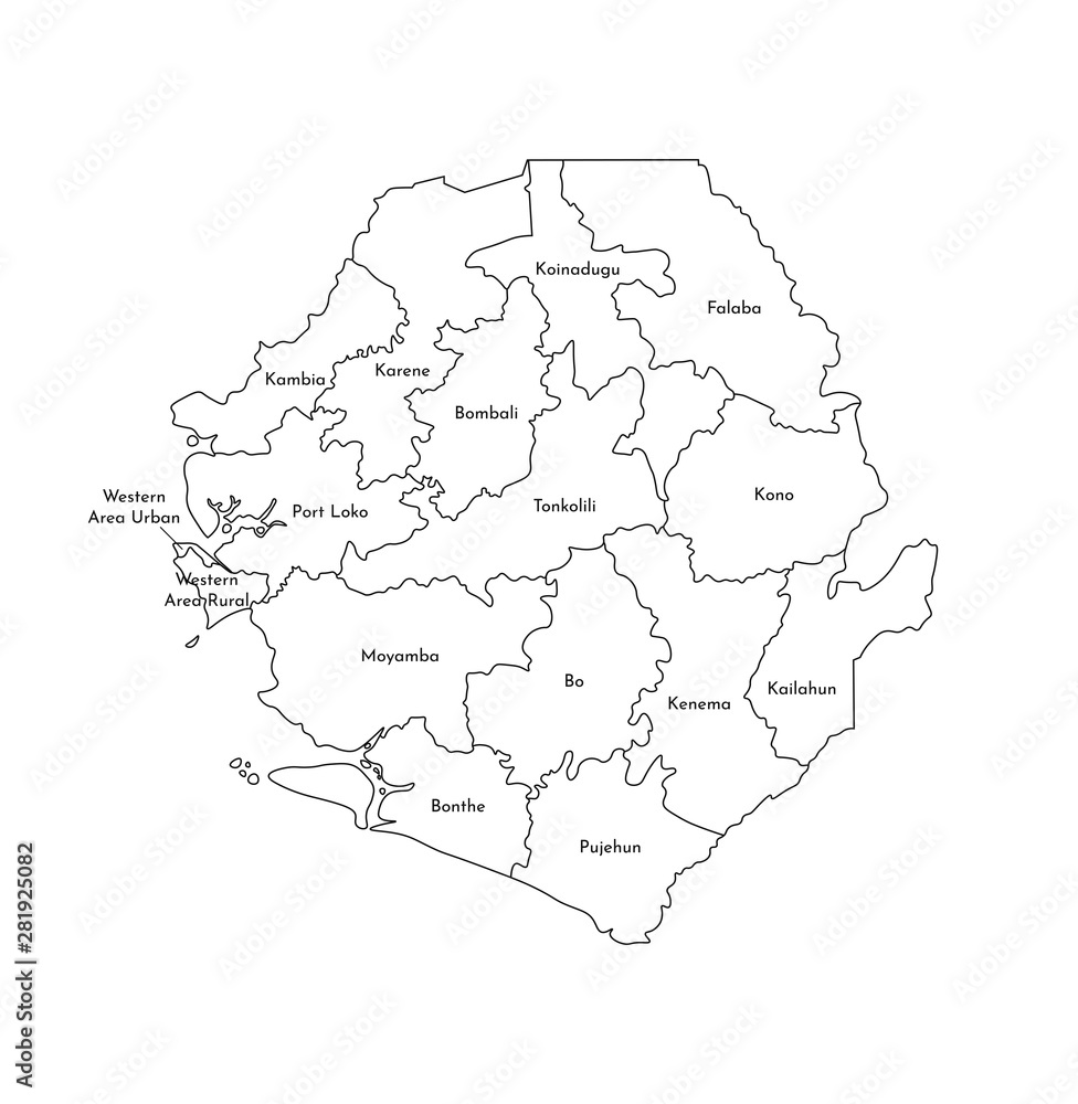 Obraz premium Vector isolated illustration of simplified administrative map of Sierra Leone. Borders and names of the districts (regions). Black line silhouettes