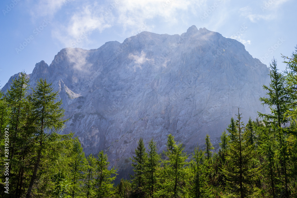 Fototapeta premium Prisojnik (or Prisank) ridge with morning misty clouds, as seen from the forest below, at the beginning of the via ferrata route towards the peak. Tourism in Triglav National Park, Slovenia.