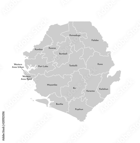 Vector isolated illustration of simplified administrative map of Sierra Leone. Borders and names of the districts  regions . Grey silhouettes. White outline