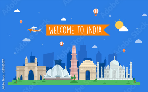 Welcome to India travel Concept, Template, Banner, Logo Design, Icon, Poster, Unit, Label, Web Header, website template design Mnemonic with famous Indian symbols and India Tourism City Skyline.