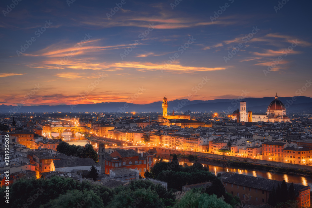 Florence city skyline in the dusk, Italy. Aerial cityscape panoramic view from Piazzale Michelangelo